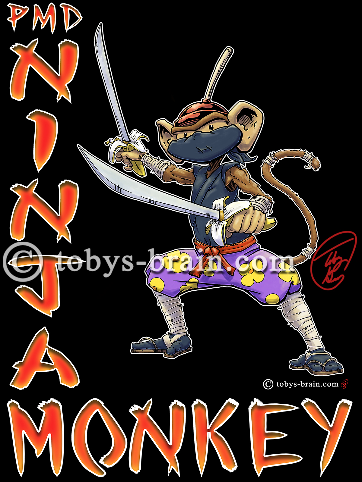 T-shirt design of my character Plunger Monkey Dynamo dressed as a ninja