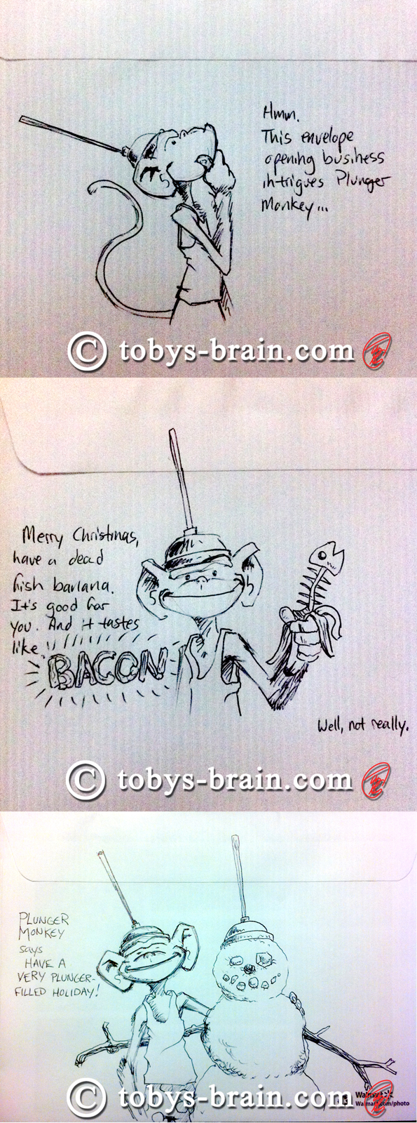 Plunger Monkey themed xmas card envelopes I draw for friends and family annually.