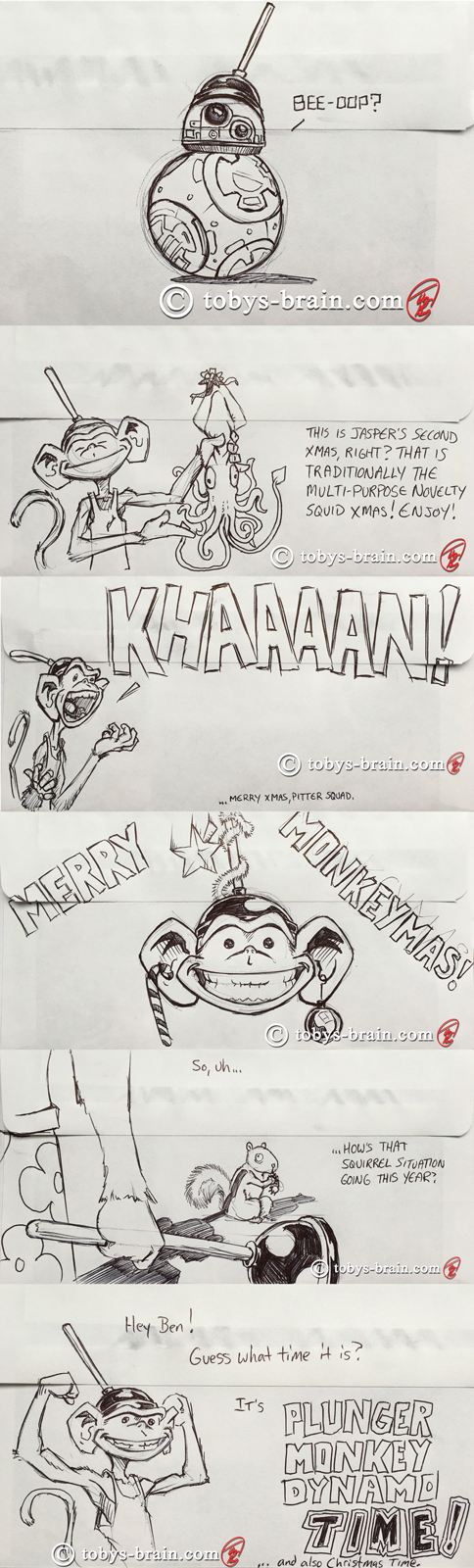 Plunger Monkey themed xmas card envelopes I draw for friends and family annually.