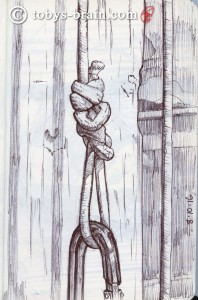I got to spend a little bit more time on this sketch of some thin rope and a carabiner in the camp's climbing barn. I love knots and all their different functions. Drawing knots can be challenging to wrap your head around without reference, so this was good practice. I liked the juxtaposition of the different materials in this scene as well: the wooden post, the rope, and the metal carabiner.