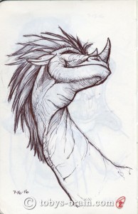 Lake sketch of a lake monster? With 80s hair band hair? Something weird going on with his cheek/jaw...